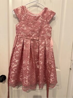 Girls' Lace Party Dress with Satin Bow - Pink